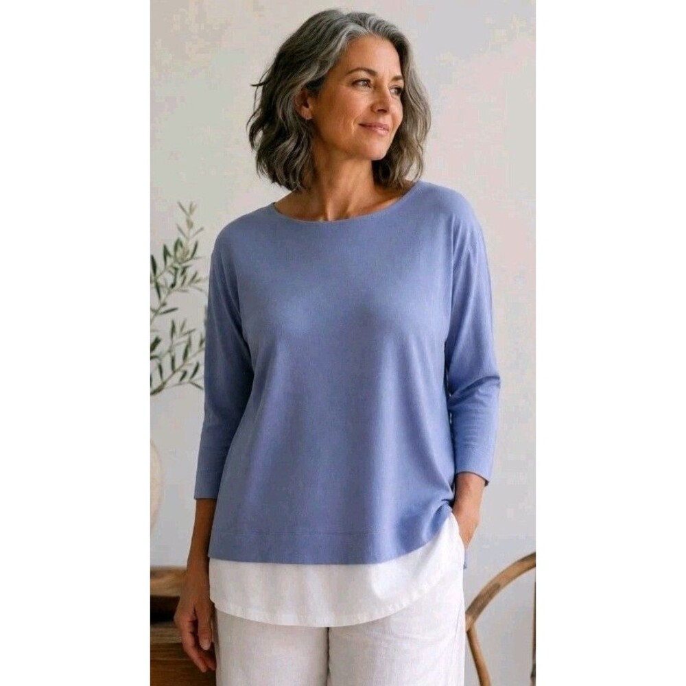 Pure Jill Periwinkle Blue Cotton Linen Layered Hem Top M Minimalist Lagenlook